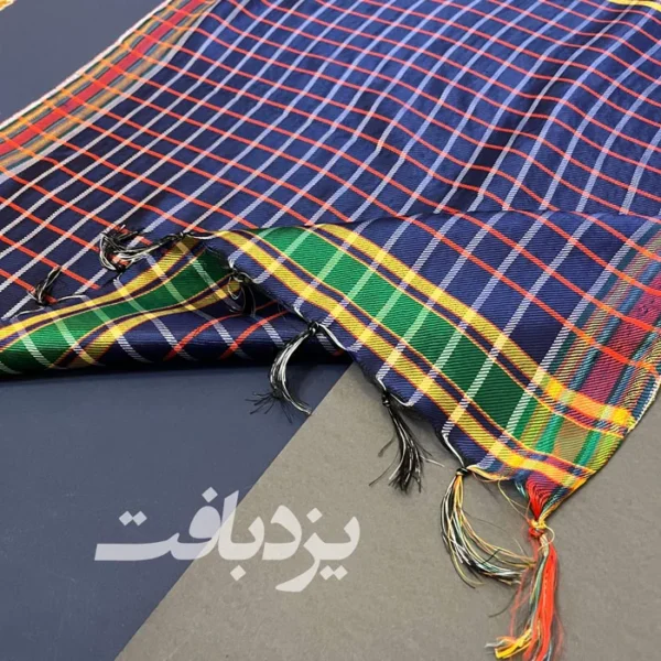 دستمال یزدی ابریشمی چهارخانه آبی سایز بزرگ